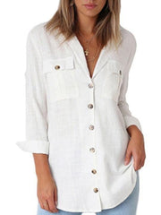 Solid Color Button Loose Long Sleeve Pocket Blouses