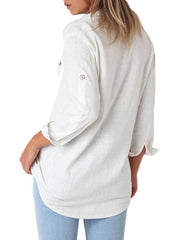 Solid Color Button Loose Long Sleeve Pocket Blouses