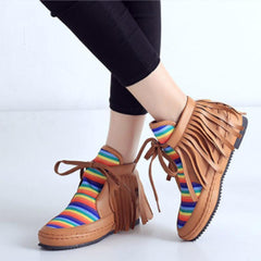 Women Autumn Rainbow Patchwork Tassel Casual Comfort Boots