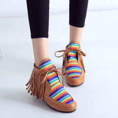 Women Autumn Rainbow Patchwork Tassel Casual Comfort Boots