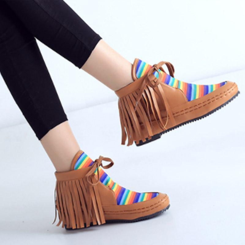 Women Autumn Rainbow Patchwork Tassel Casual Comfort Boots