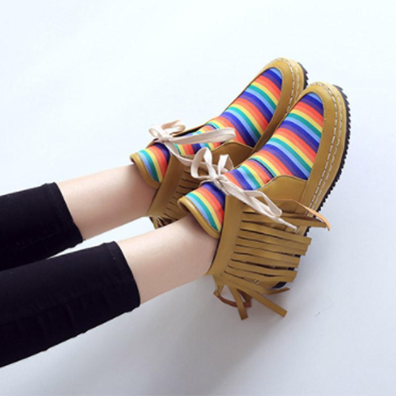 Women Autumn Rainbow Patchwork Tassel Casual Comfort Boots