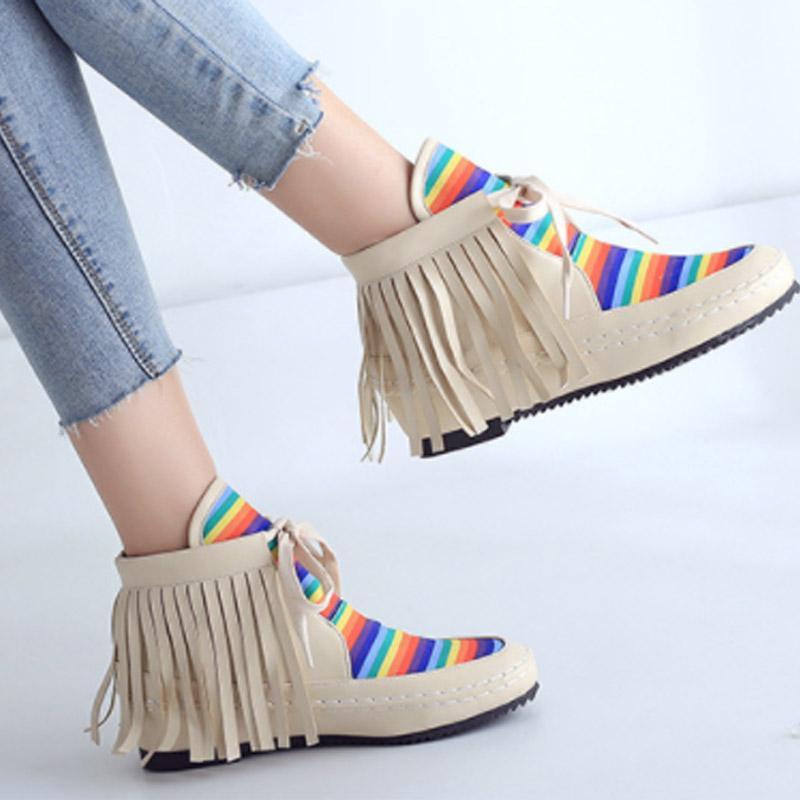 Women Autumn Rainbow Patchwork Tassel Casual Comfort Boots