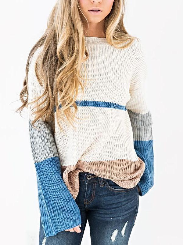 Fashion Color Block Long Sleeve Knitting Sweaters