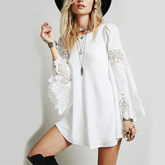 Round -Neck  Loose Long Bell Lace Sleeve Casual Dress
