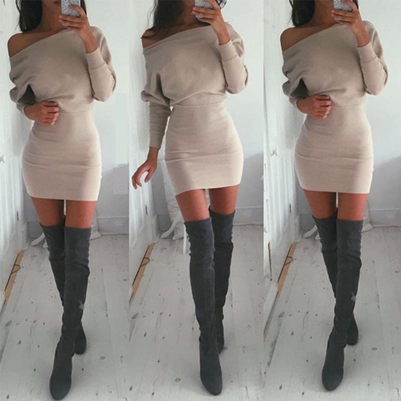 Sexy Off Shoulder Batwing Long Sleeve Bodycon Dress