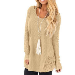 Round Neck Lace Patchwork Hollow Out Knitted Sweaters