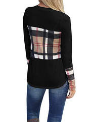 Crew Neck  Asymmetric Hem Cutout Patchwork Side Slit  Curved Hem  Plaid Long Sleeve T-Shirts