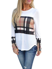 Crew Neck  Asymmetric Hem Cutout Patchwork Side Slit  Curved Hem  Plaid Long Sleeve T-Shirts
