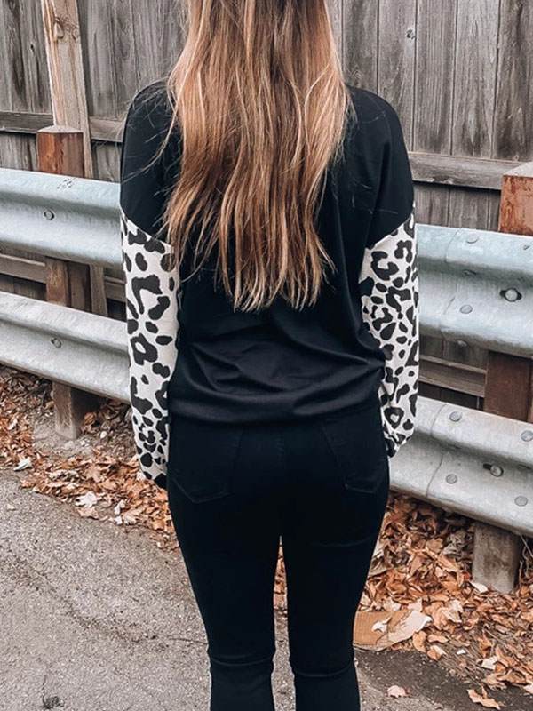 V-neck crossed leopard print casual long-sleeve T-shirts