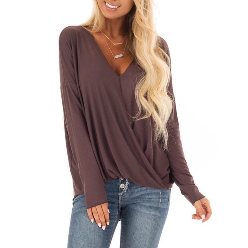 V Neck Pleated Long Sleeve Plain T-Shirts