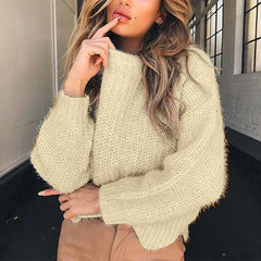 Round Neck Long Sleeve Wave Hem Knitting Sweaters