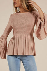 Round Neck  Plain  Bell Sleeve Woman Blouses