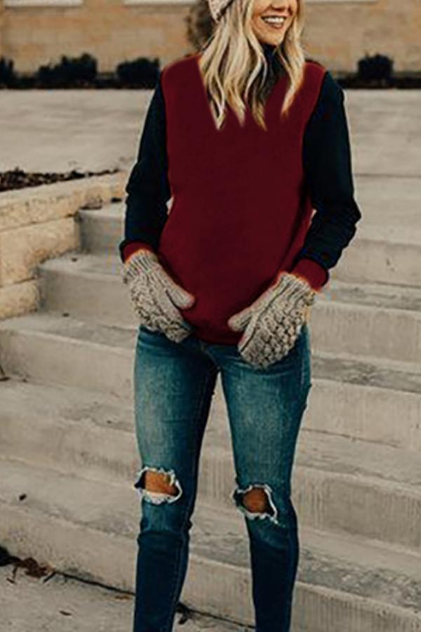 Round  Neck  Patchwork  Basic  Sweatshirts