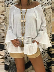 Round Neck Long Flare Sleeve Lace Patchwork Blouses