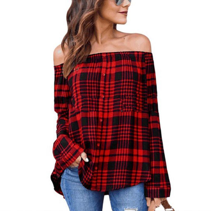 Sexy Off Shoulder Plaids Printed Long Sleeve Button Blouses