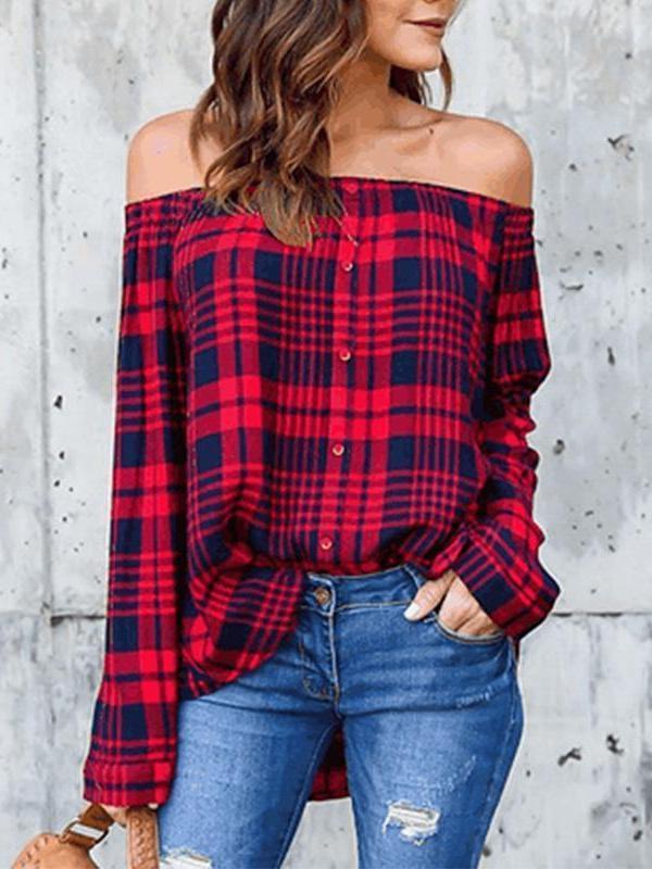 Sexy Off Shoulder Plaids Printed Long Sleeve Button Blouses