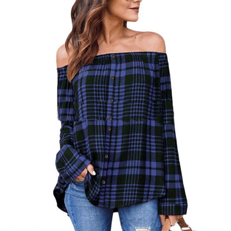 Sexy Off Shoulder Plaids Printed Long Sleeve Button Blouses