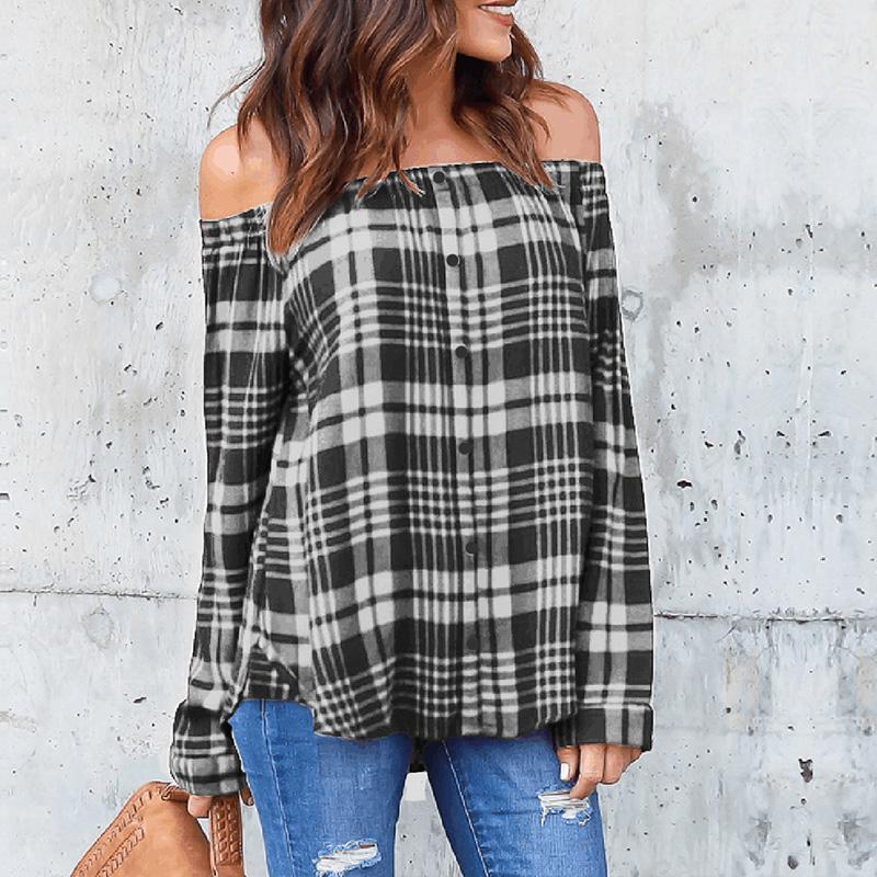 Sexy Off Shoulder Plaids Printed Long Sleeve Button Blouses