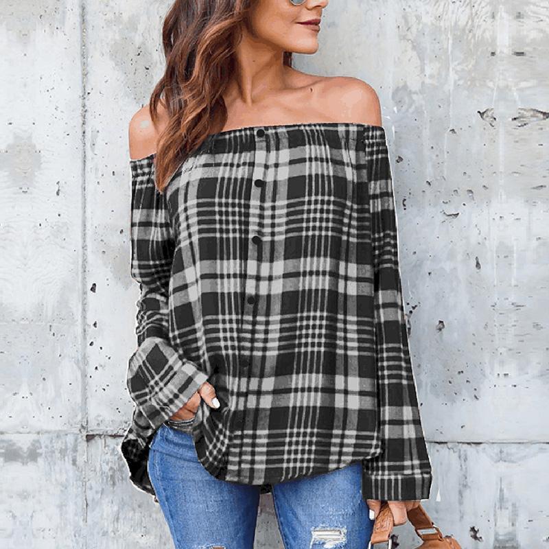 Sexy Off Shoulder Plaids Printed Long Sleeve Button Blouses