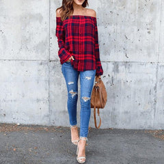 Sexy Off Shoulder Plaids Printed Long Sleeve Button Blouses