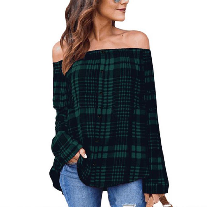 Sexy Off Shoulder Plaids Printed Long Sleeve Button Blouses