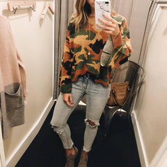 Round Neck Camouflage Printed Long Flare Sleeve Knitting Sweaters