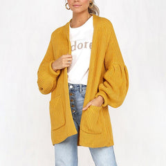 Fashion Plain Long Lantern Sleeve Pocket Knitting Cardigans Coats