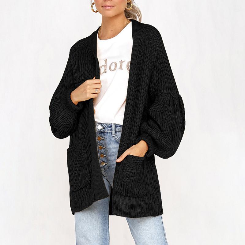 Fashion Plain Long Lantern Sleeve Pocket Knitting Cardigans Coats