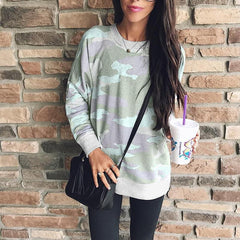 Round Neck Camouflage Printed Long Sleeve Loose T-Shirts