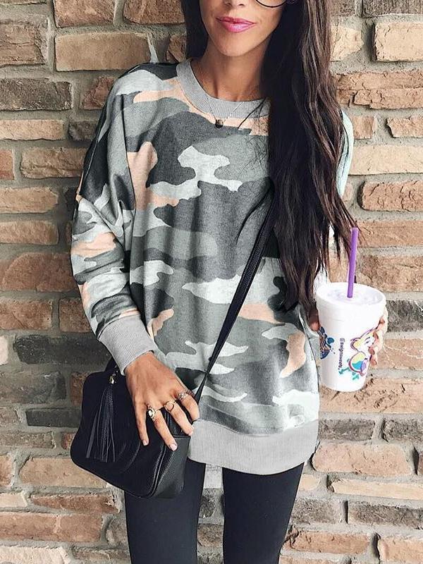 Round Neck Camouflage Printed Long Sleeve Loose T-Shirts