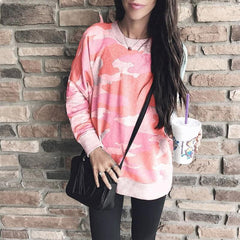 Round Neck Camouflage Printed Long Sleeve Loose T-Shirts