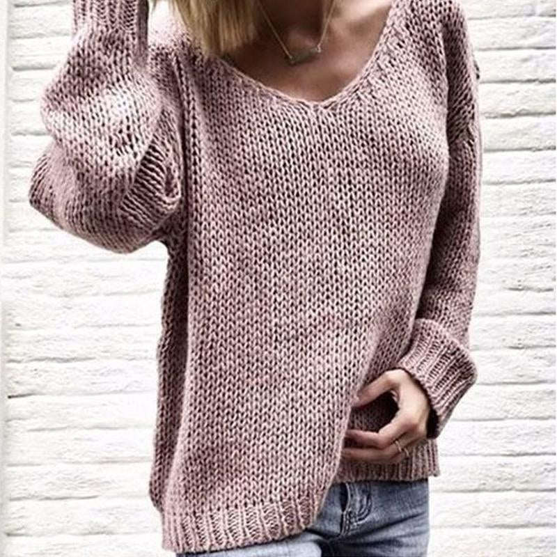 V Neck Long Sleeve Plain Knit Woman Casual Sweaters