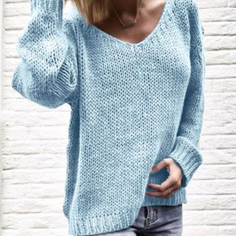 V Neck Long Sleeve Plain Knit Woman Casual Sweaters