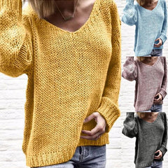 V Neck Long Sleeve Plain Knit Woman Casual Sweaters