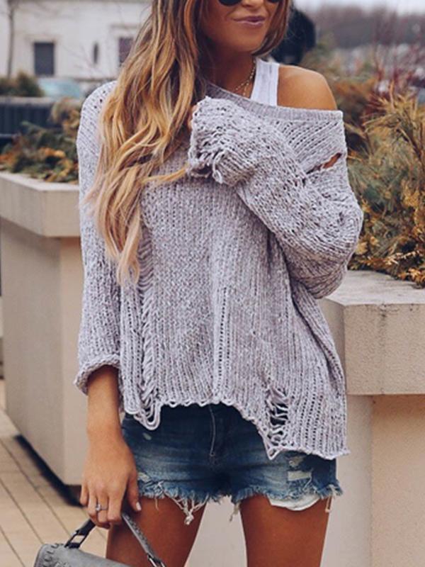 Round Neck  Cutout  Plain  Bell Sleeve Sweaters