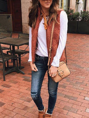 Brown Faux Fur Collar Zipper Plain Woman Vests