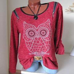 Round Neck Owl Printed Long Sleeve Zipper T-Shirts