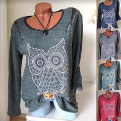 Round Neck Owl Printed Long Sleeve Zipper T-Shirts
