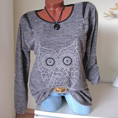 Round Neck Owl Printed Long Sleeve Zipper T-Shirts
