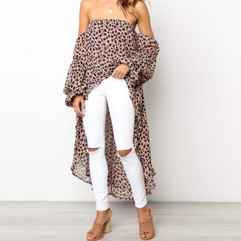 Sexy Strapless Long Sleeve Leopard Printed Asymmetrical Hem Blouses