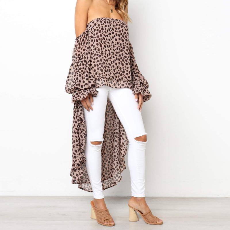 Sexy Strapless Long Sleeve Leopard Printed Asymmetrical Hem Blouses