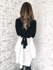 Casual Black And White Coloring Waist Belted T-Shirt