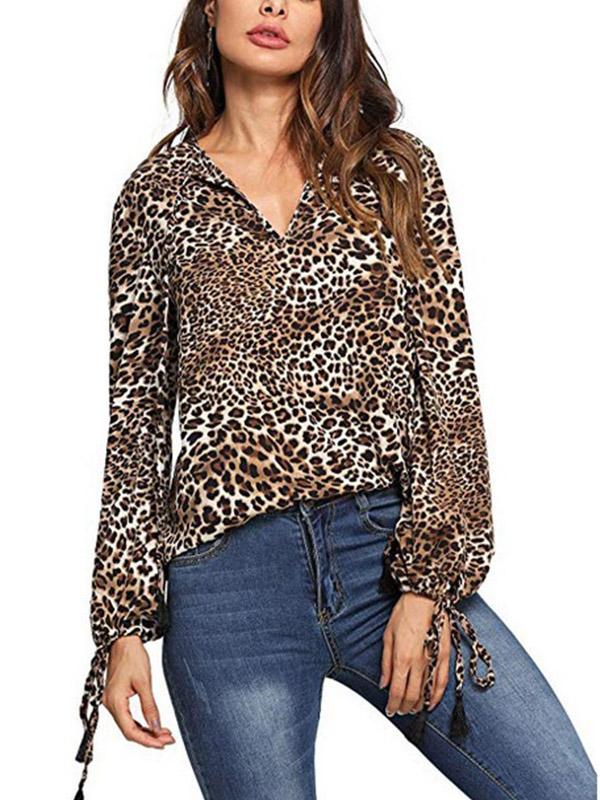 Fashion Leopard Animal Printed Woman Long Sleeve Blouses