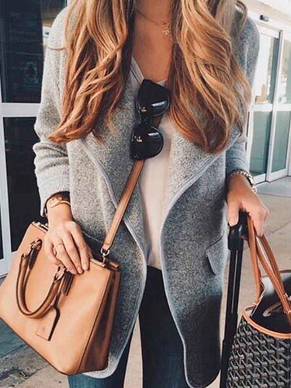 Women big lapel long sleeve plain long coats