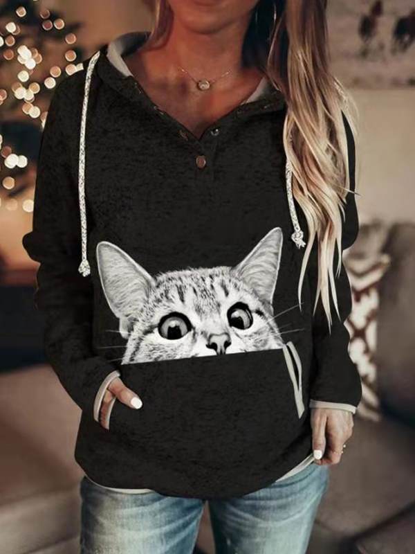 White cat printed fashion with pocket women hoodied