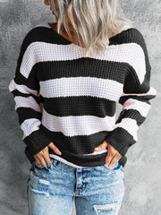 Autumn and winter V-neck knitted top stripe long sleeve sweaters