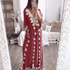 V Neck Tassels Bohemian Half Sleeve Maxi Dresses