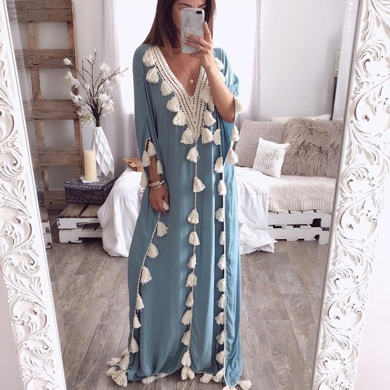 V Neck Tassels Bohemian Half Sleeve Maxi Dresses