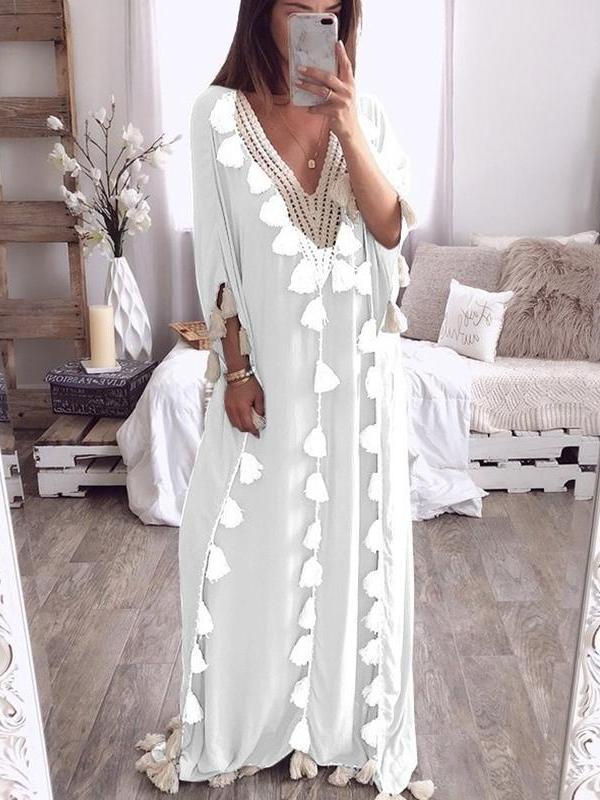 V Neck Tassels Bohemian Half Sleeve Maxi Dresses